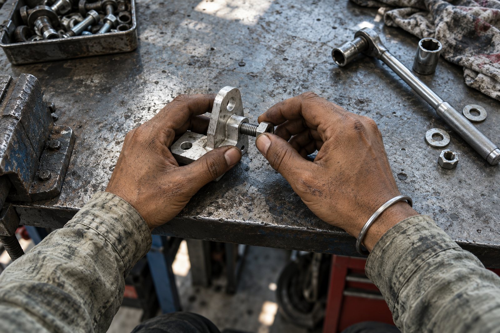 First person view of two hands threading a nut onto a bolt at a workbench