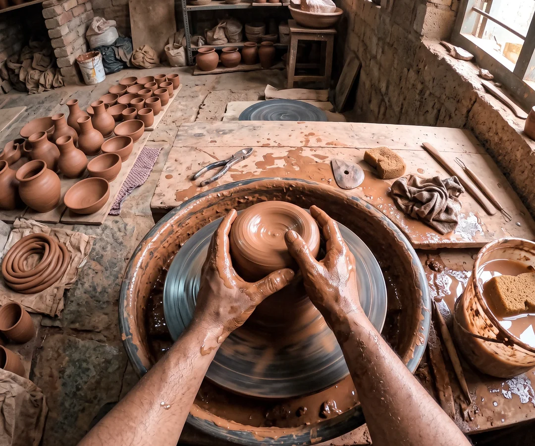 Hands shaping a clay pot on a wheel in a pottery workshop