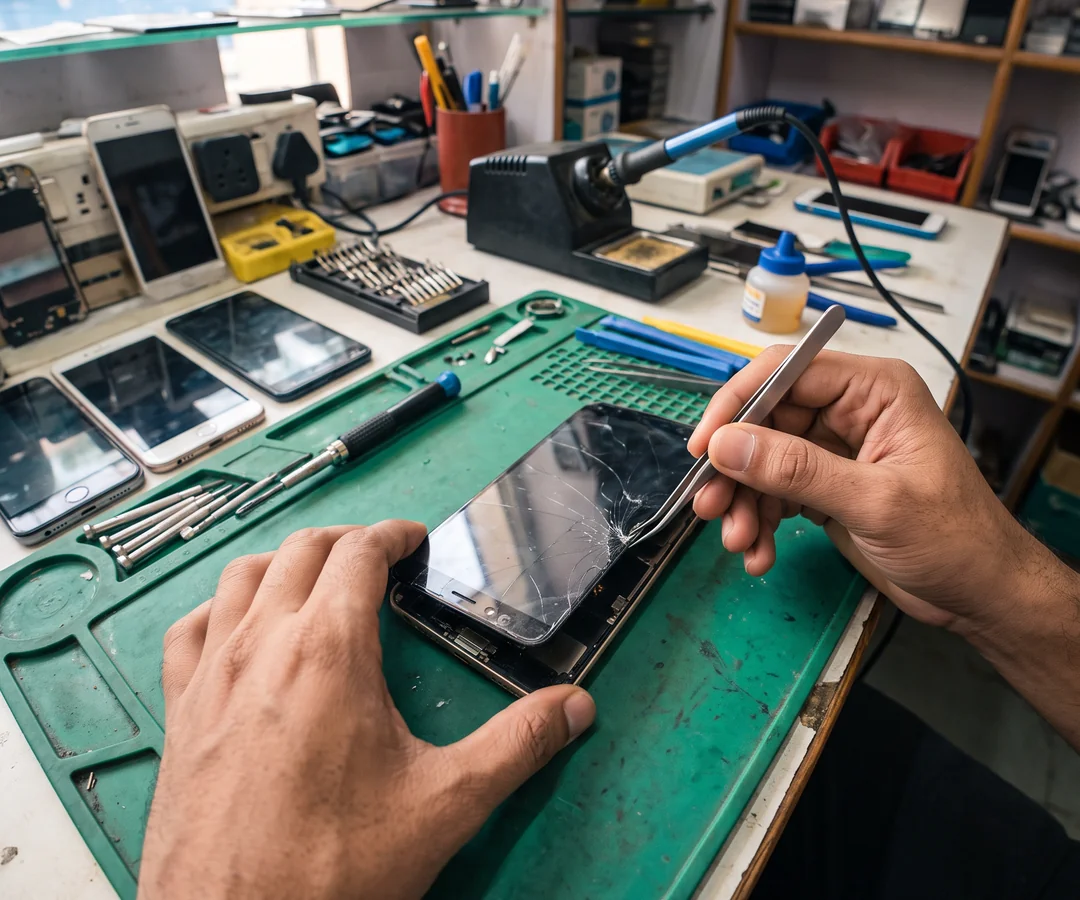A technician working on a phone at a repair bench